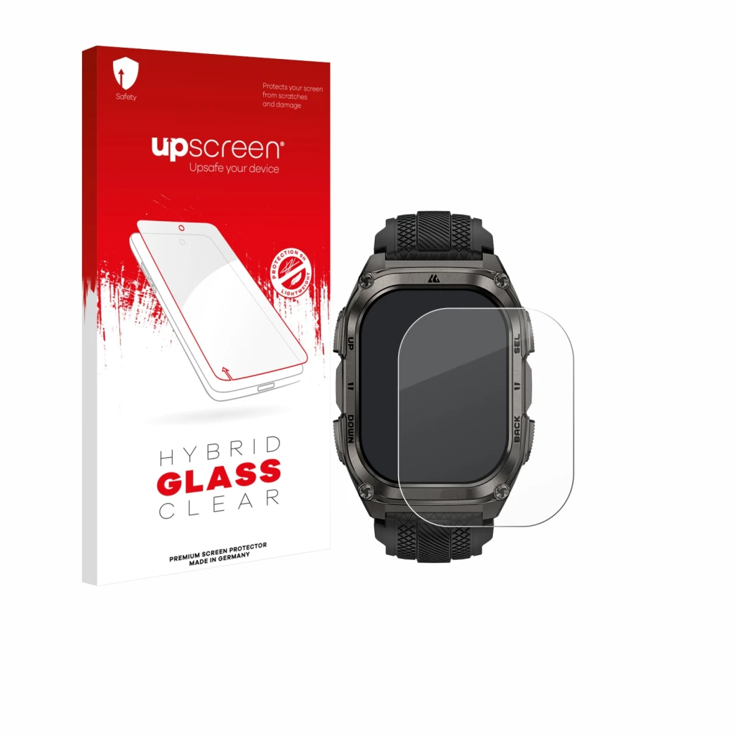 Parte frontal de un envase de producto con el logotipo de la marca upscreen. Al lado se muestra el dispositivo Kospet Tank M4 