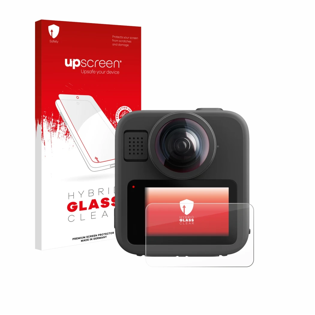 Parte frontal de un envase de producto con el logotipo de la marca upscreen. Al lado se muestra el dispositivo GoPro Max 2 con