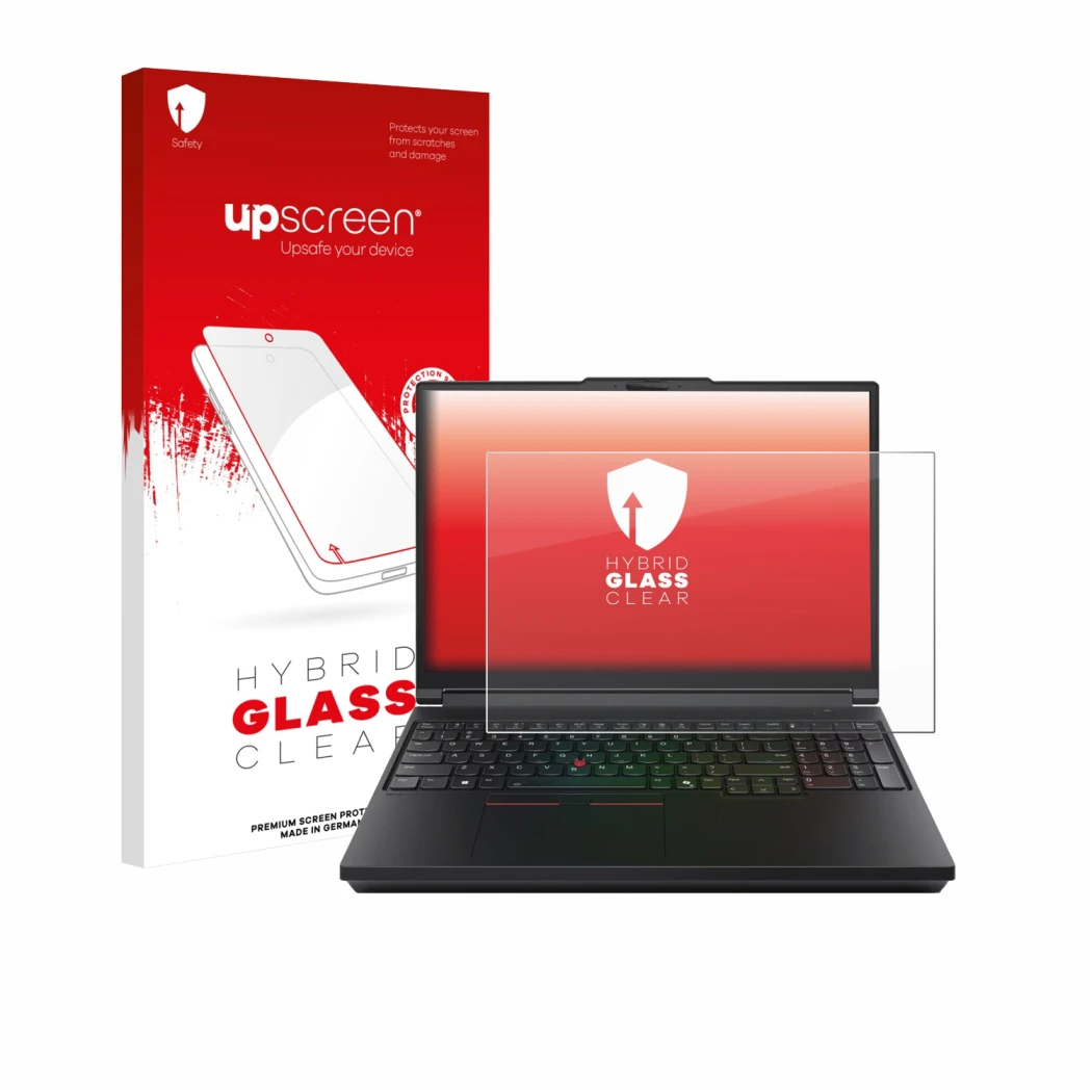 Parte frontal de un envase de producto con el logotipo de la marca upscreen. Al lado se muestra el dispositivo Lenovo ThinkPad