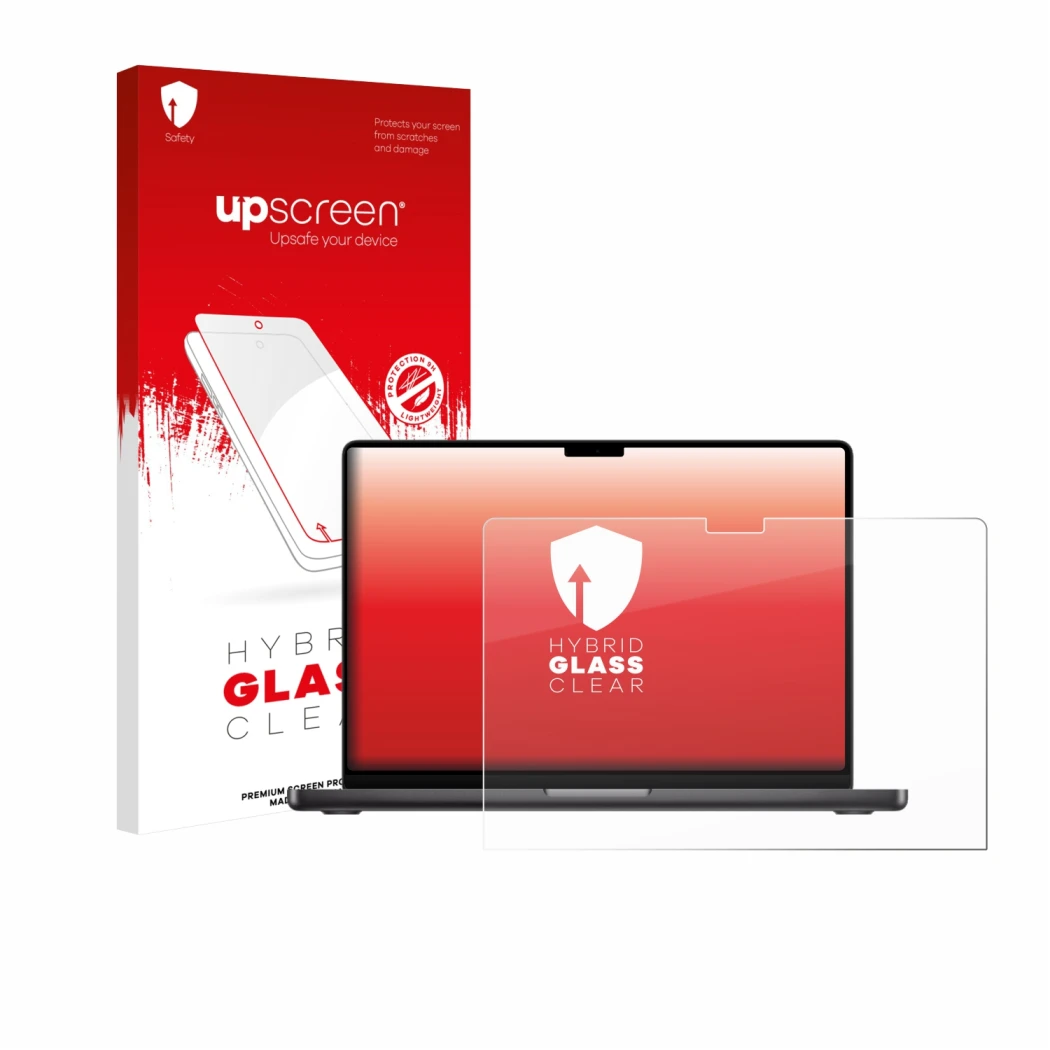 Parte frontal de un envase de producto con el logotipo de la marca upscreen. Al lado se muestra el dispositivo Apple MacBook P