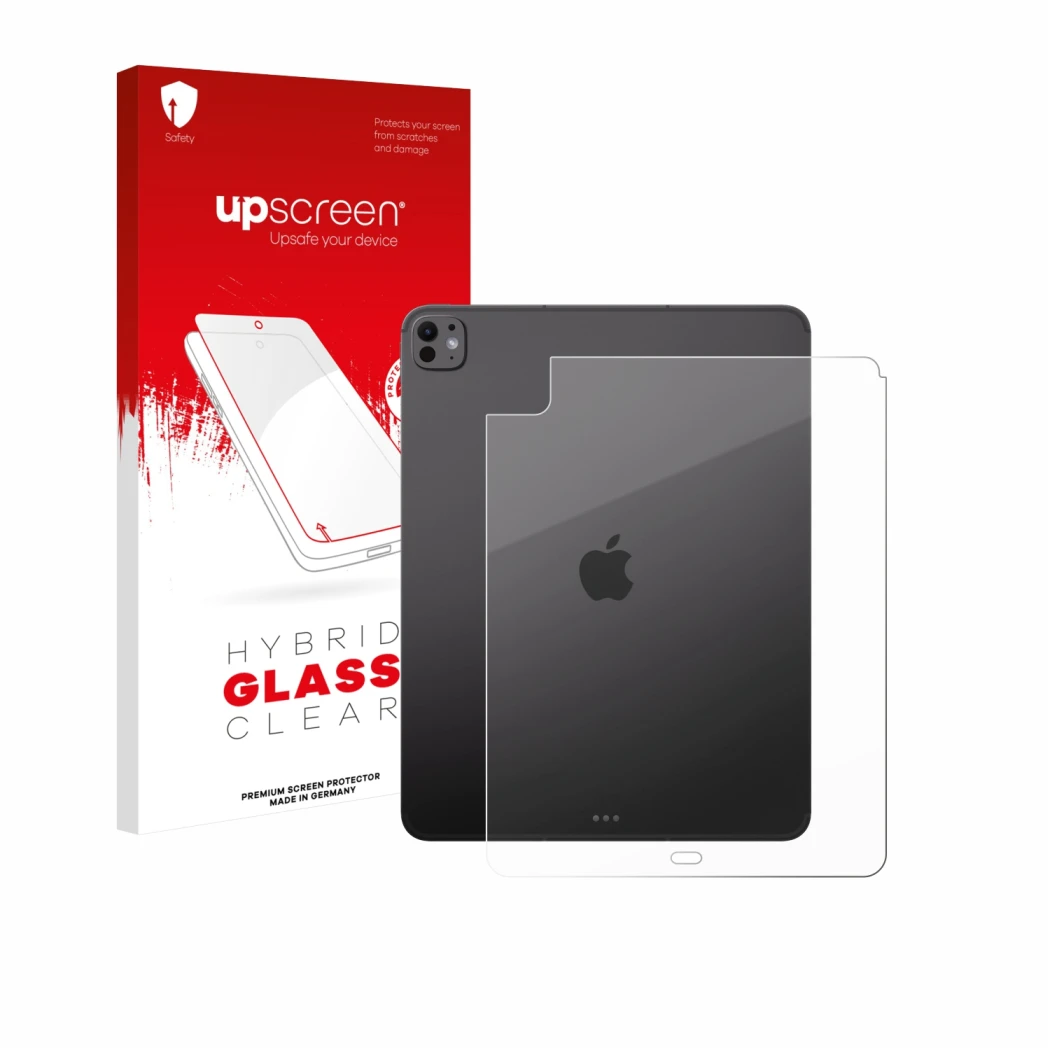 Parte frontal de un envase de producto con el logotipo de la marca upscreen. Al lado se muestra el dispositivo Apple iPad Pro