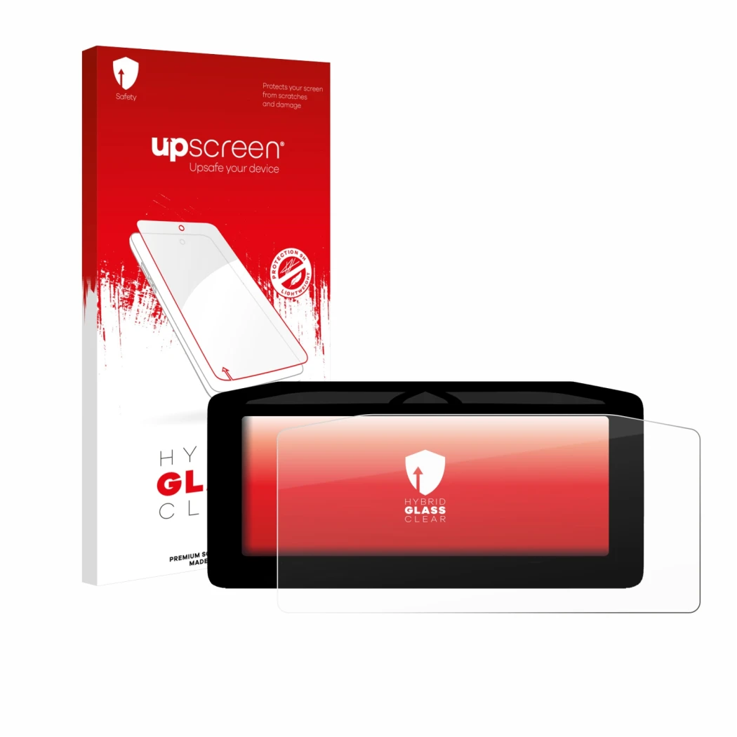 Parte frontal de un envase de producto con el logotipo de la marca upscreen. Al lado se muestra el dispositivo Ducati XDiavel 