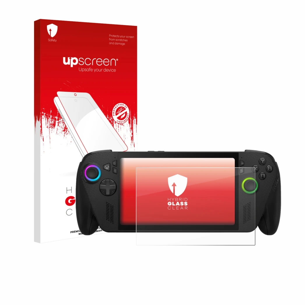 Parte frontal de un envase de producto con el logotipo de la marca upscreen. Al lado se muestra el dispositivo ASUS ROG Xbox A