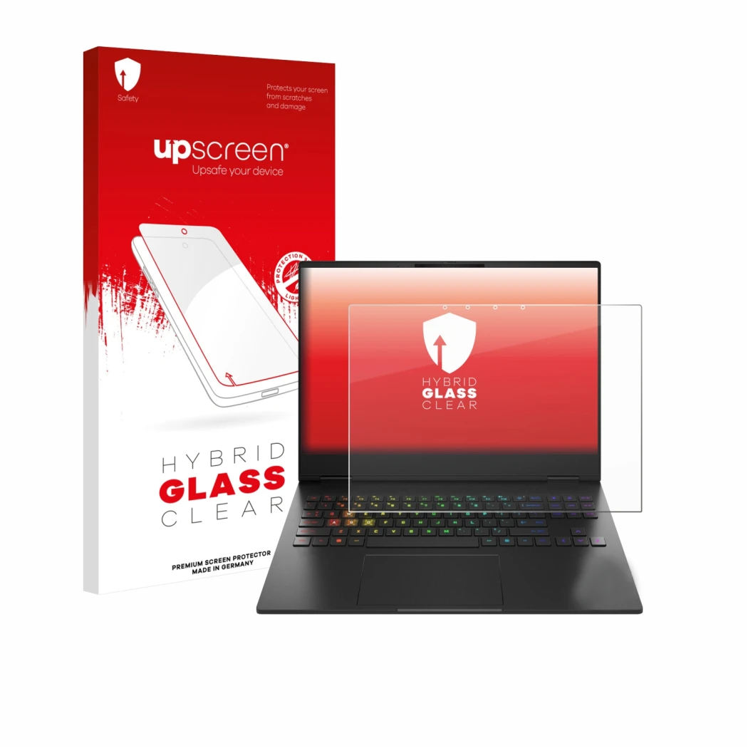 Parte frontal de un envase de producto con el logotipo de la marca upscreen. Al lado se muestra el dispositivo HP Omen Transce
