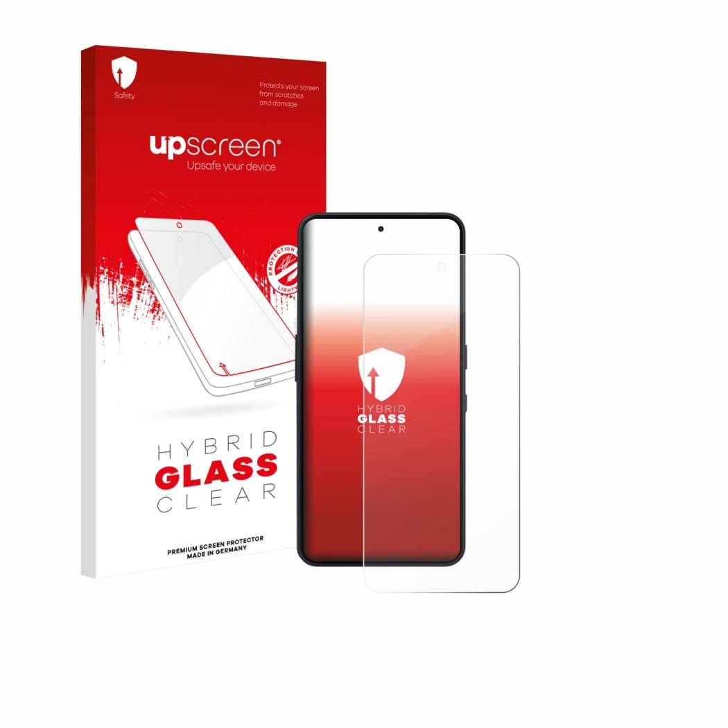 Parte frontal de un envase de producto con el logotipo de la marca upscreen. Al lado se muestra el dispositivo Nothing Phone (