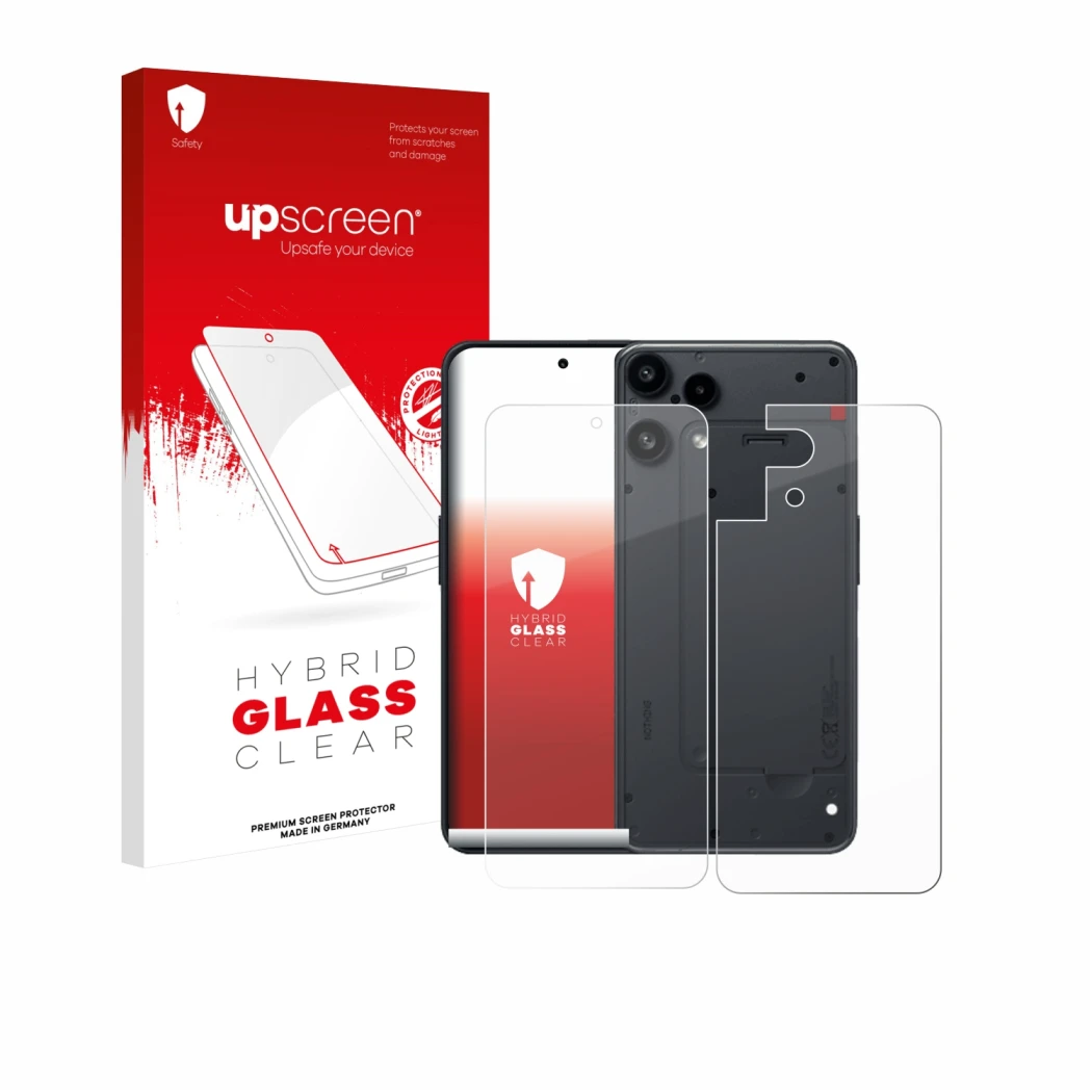 Parte frontal de un envase de producto con el logotipo de la marca upscreen. Al lado se muestra el dispositivo Nothing Phone (