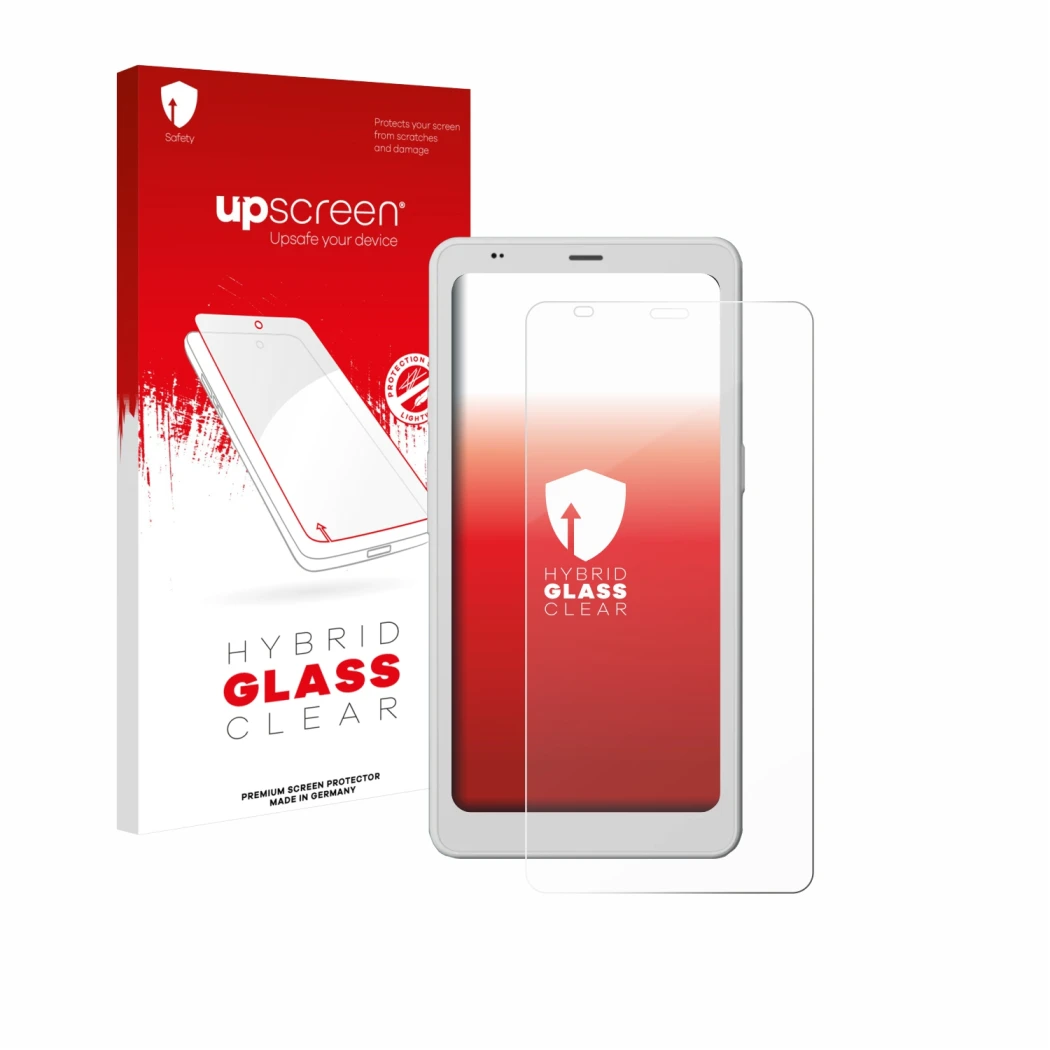 Parte frontal de un envase de producto con el logotipo de la marca upscreen. Al lado se muestra el dispositivo Boox Palma 2 Pr