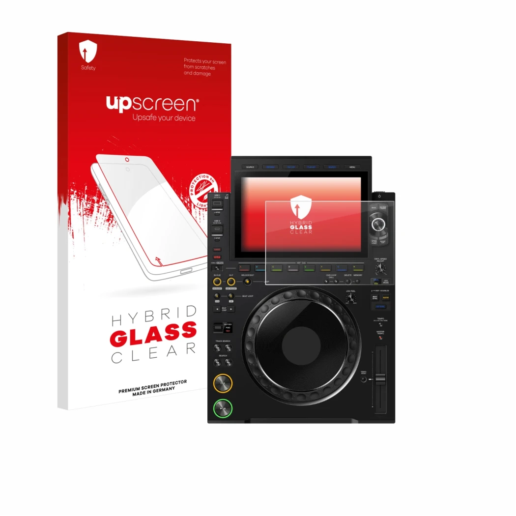Parte frontal de un envase de producto con el logotipo de la marca upscreen. Al lado se muestra el dispositivo Pioneer CDJ 300