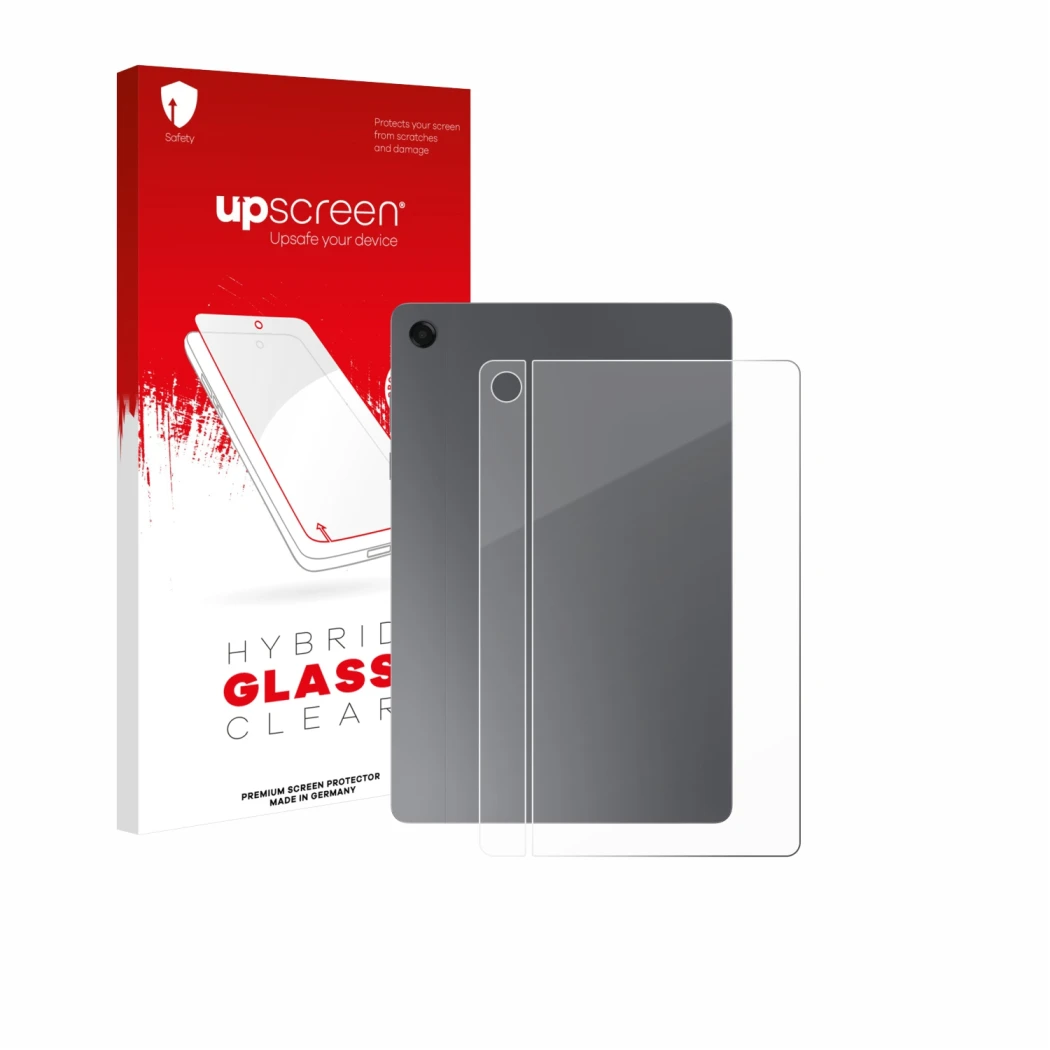 Parte frontal de un envase de producto con el logotipo de la marca upscreen. Al lado se muestra el dispositivo Samsung Galaxy
