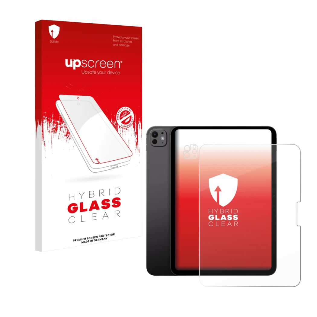 Parte frontal de un envase de producto con el logotipo de la marca upscreen. Al lado se muestra el dispositivo Apple iPad Pro 