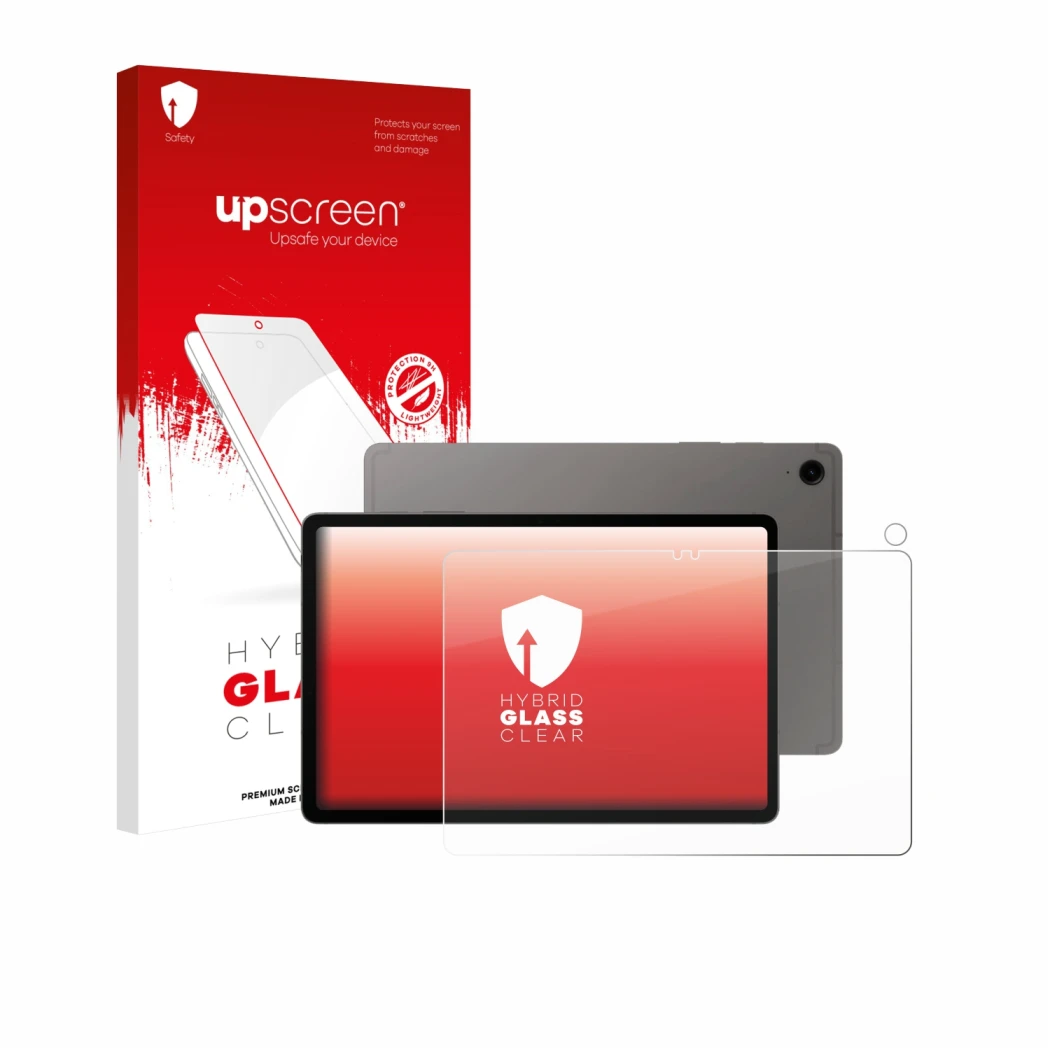 Parte frontal de un envase de producto con el logotipo de la marca upscreen. Al lado se muestra el dispositivo Samsung Galaxy 