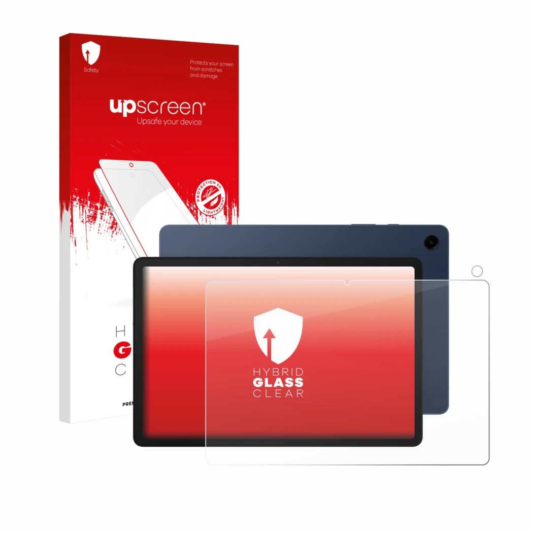 Parte frontal de un envase de producto con el logotipo de la marca upscreen. Al lado se muestra el dispositivo Samsung Galaxy 