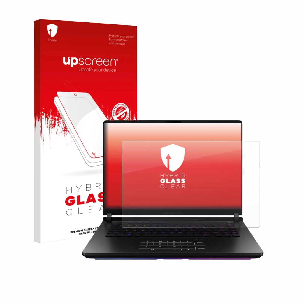 Parte frontal de un envase de producto con el logotipo de la marca upscreen. Al lado se muestra el dispositivo ASUS ROG Strix 