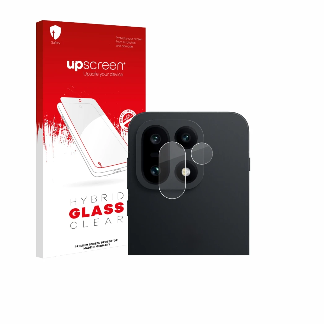 Parte frontal de un envase de producto con el logotipo de la marca upscreen. Al lado se muestra el dispositivo OnePlus 15 (SÓL