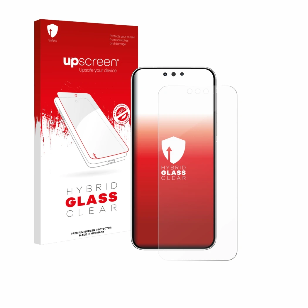 Parte frontal de un envase de producto con el logotipo de la marca upscreen. Al lado se muestra el dispositivo Huawei Mate 80 