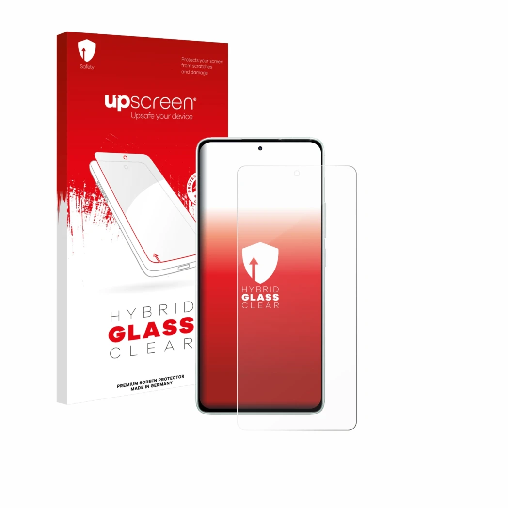 Parte frontal de un envase de producto con el logotipo de la marca upscreen. Al lado se muestra el dispositivo Xiaomi Redmi No