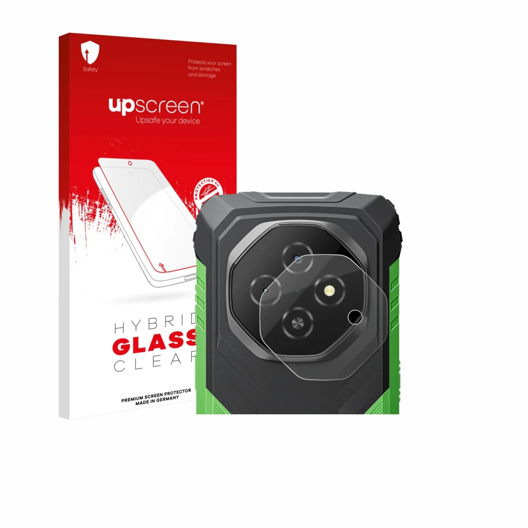 Parte frontal de un envase de producto con el logotipo de la marca upscreen. Al lado se muestra el dispositivo Blackview Fort 