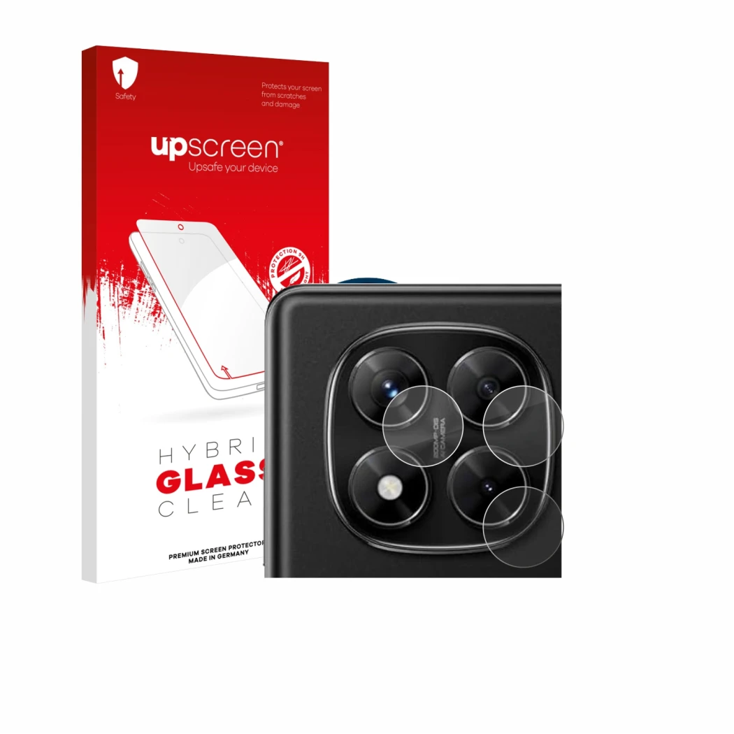 Parte frontal de un envase de producto con el logotipo de la marca upscreen. Al lado se muestra el dispositivo Xiaomi Redmi No