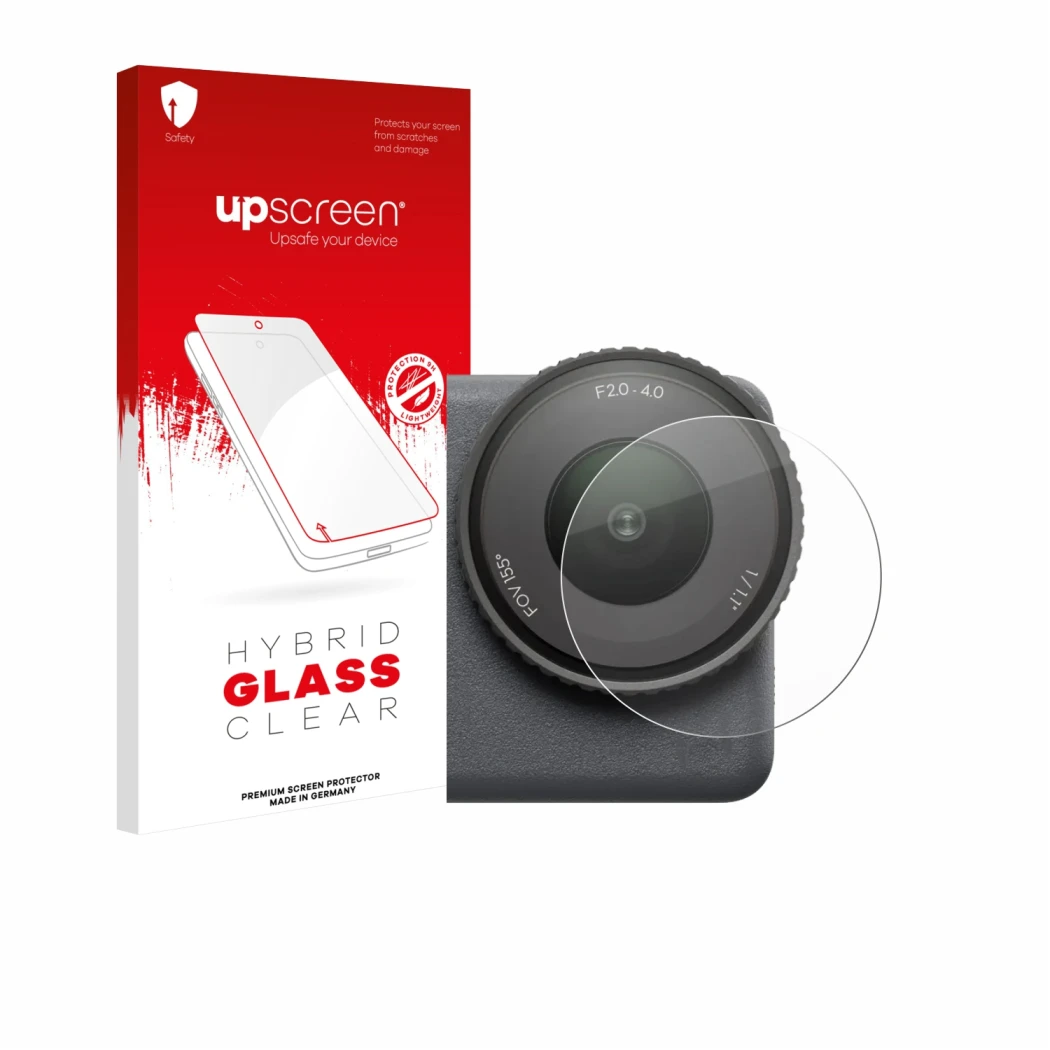 Parte frontal de un envase de producto con el logotipo de la marca upscreen. Al lado se muestra el dispositivo DJI Osmo Action
