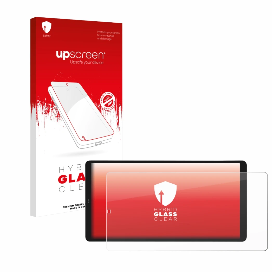 Parte frontal de un envase de producto con el logotipo de la marca upscreen. Al lado se muestra el dispositivo Shelly Wall Dis