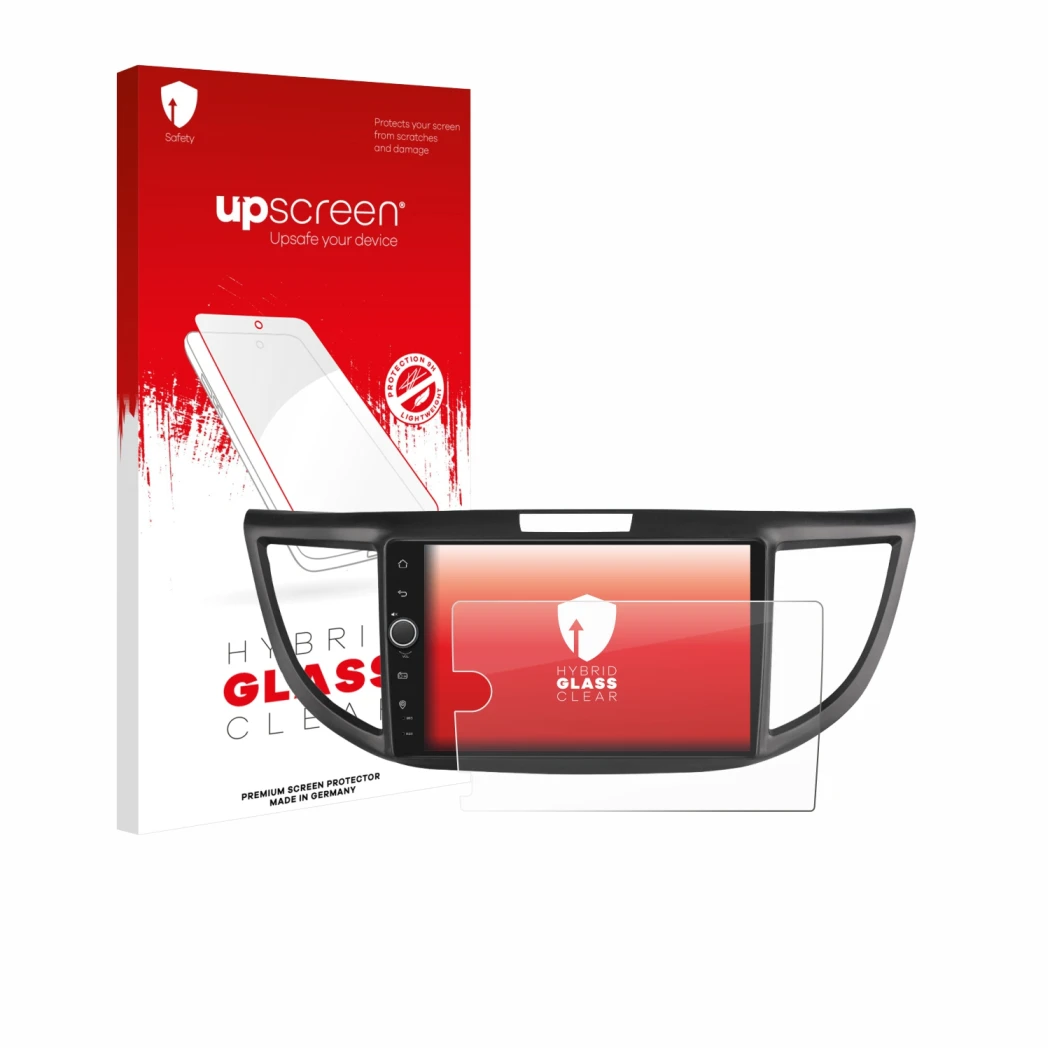 Parte frontal de un envase de producto con el logotipo de la marca upscreen. Al lado se muestra el dispositivo Joying Car Radi