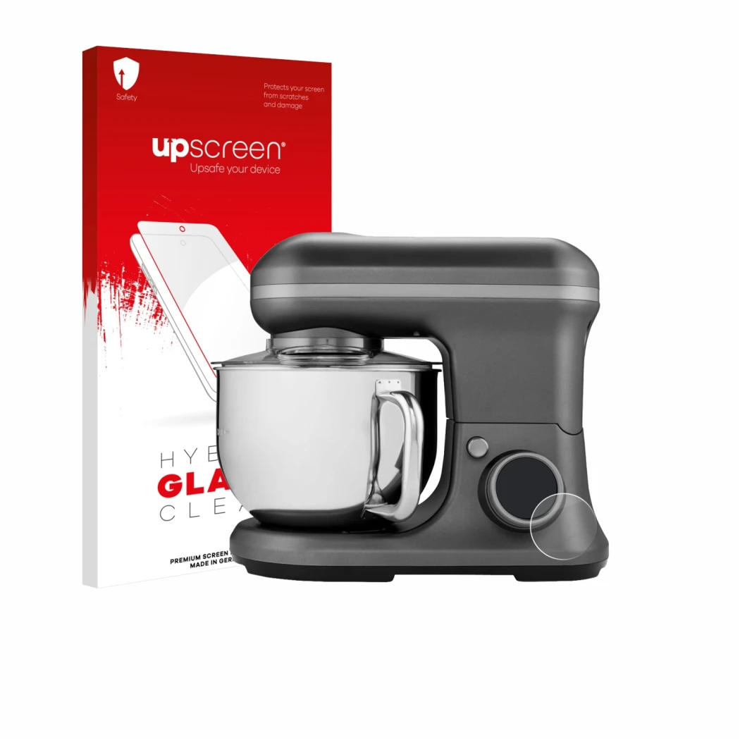 Parte frontal de un envase de producto con el logotipo de la marca upscreen. Al lado se muestra el dispositivo MEDION MD 18420