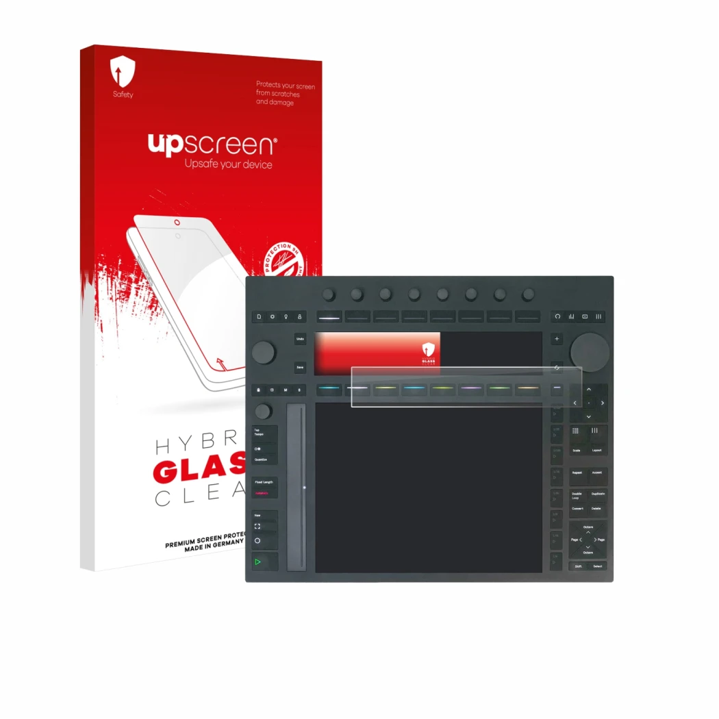 Parte frontal de un envase de producto con el logotipo de la marca upscreen. Al lado se muestra el dispositivo Ableton Push 3 