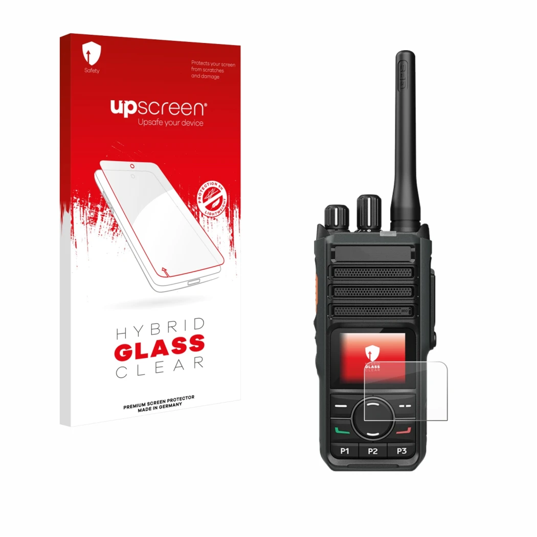 Parte frontal de un envase de producto con el logotipo de la marca upscreen. Al lado se muestra el dispositivo Hytera HP565 co