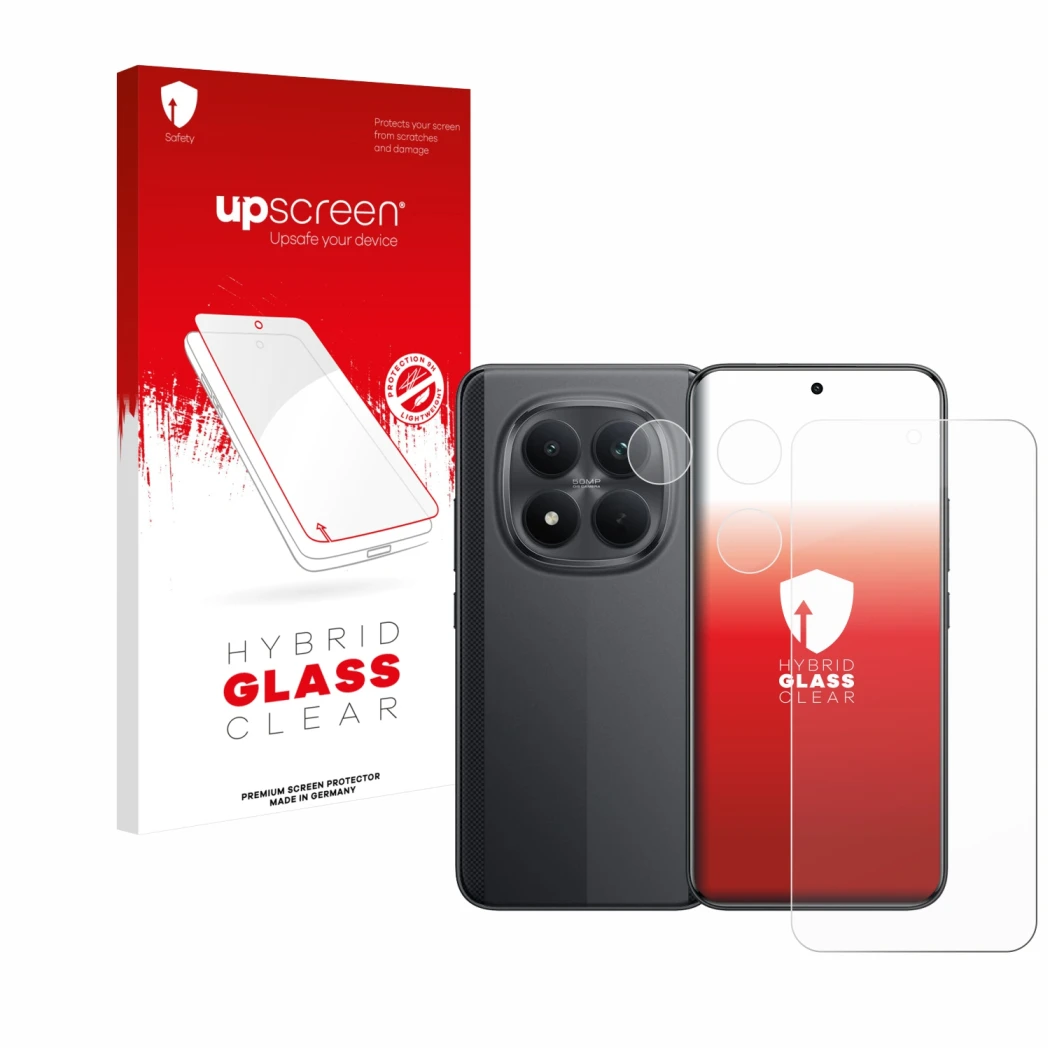 Parte frontal de un envase de producto con el logotipo de la marca upscreen. Al lado se muestra el dispositivo Xiaomi Poco M8 