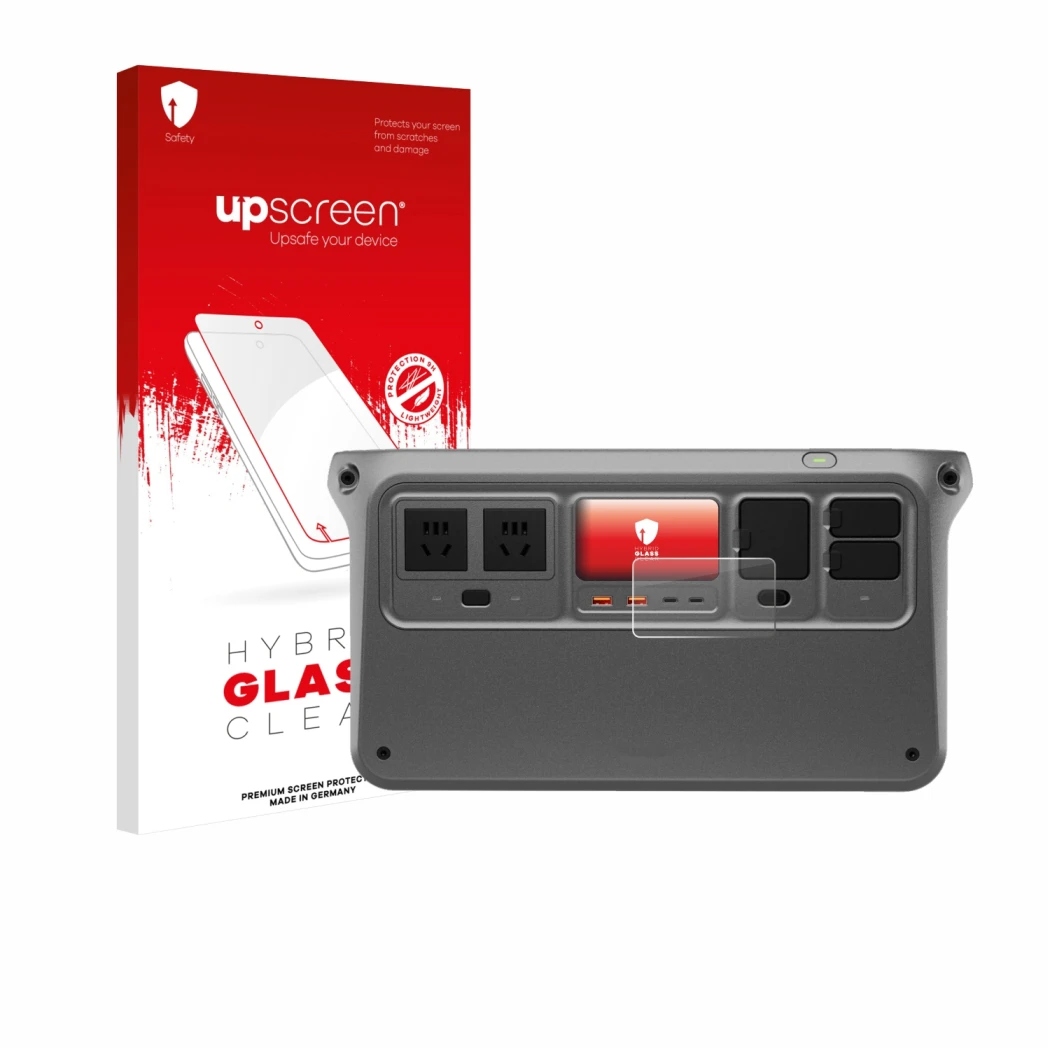 Parte frontal de un envase de producto con el logotipo de la marca upscreen. Al lado se muestra el dispositivo DJI Power 1000 