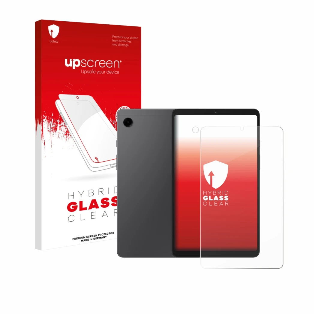 Parte frontal de un envase de producto con el logotipo de la marca upscreen. Al lado se muestra el dispositivo Samsung Galaxy 