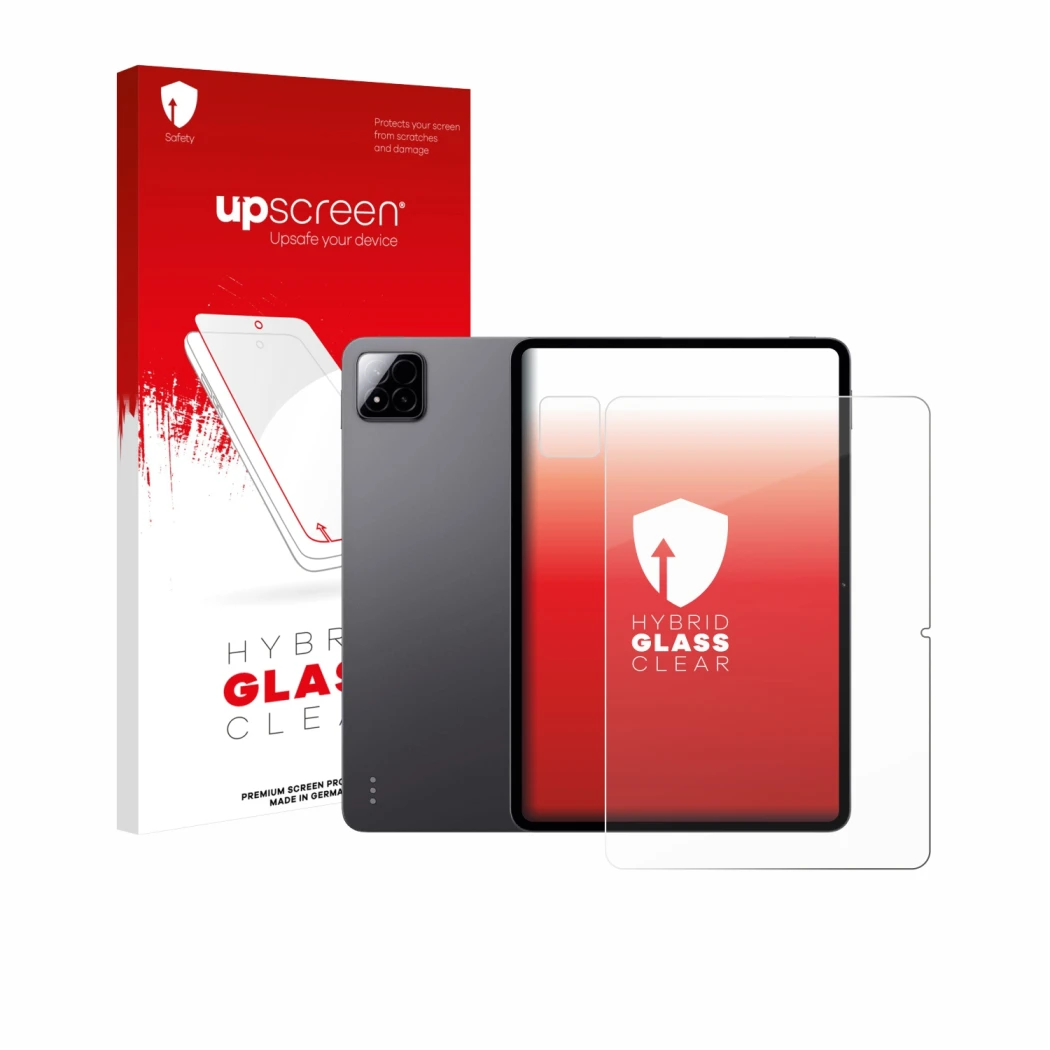 Parte frontal de un envase de producto con el logotipo de la marca upscreen. Al lado se muestra el dispositivo Xiaomi Pad 7 Pr