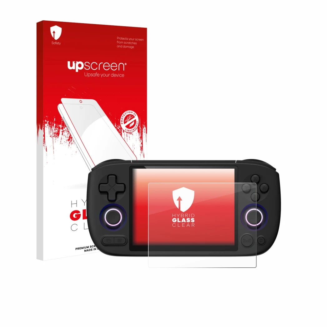 Parte frontal de un envase de producto con el logotipo de la marca upscreen. Al lado se muestra el dispositivo Ayaneo Pocket A