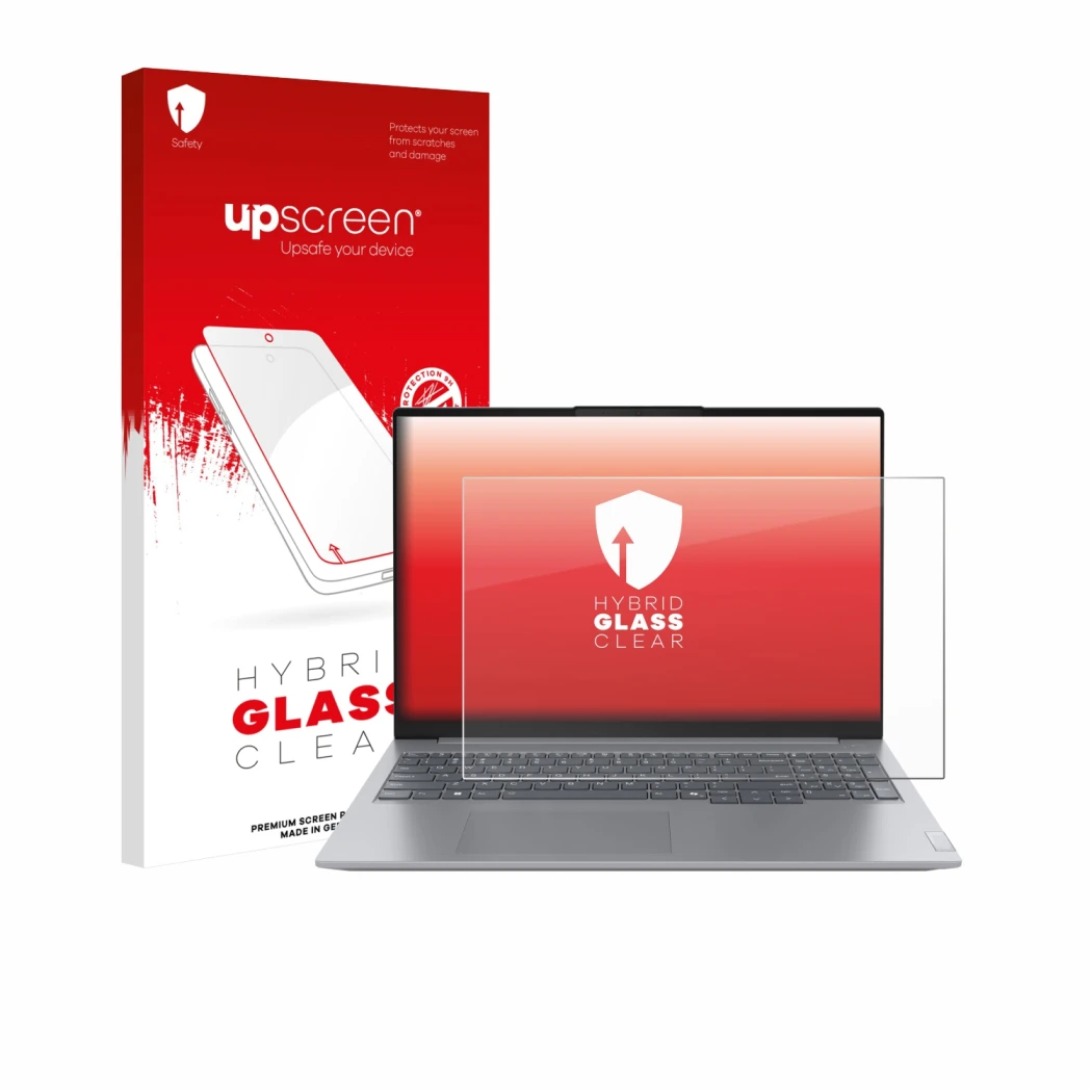 Parte frontal de un envase de producto con el logotipo de la marca upscreen. Al lado se muestra el dispositivo Lenovo ThinkBoo