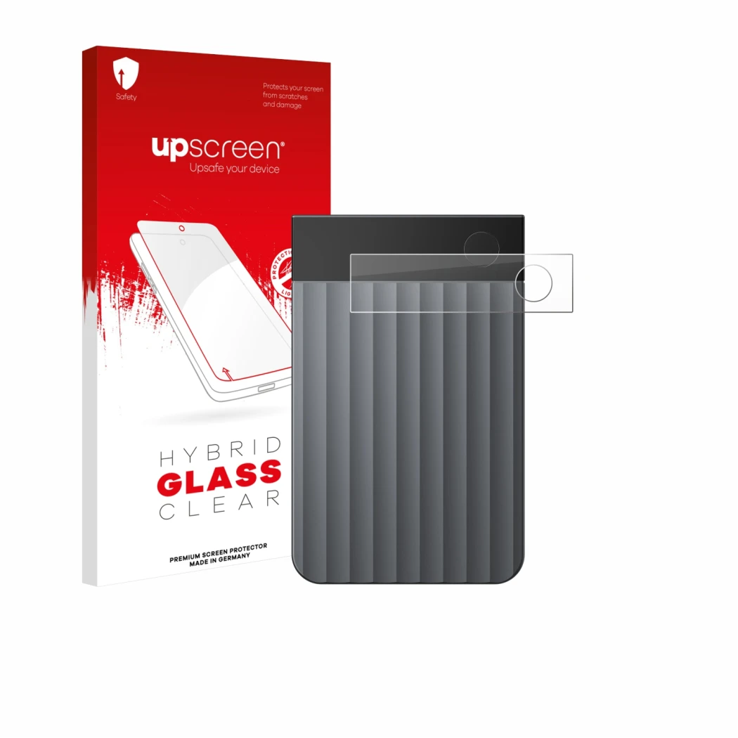 Parte frontal de un envase de producto con el logotipo de la marca upscreen. Al lado se muestra el dispositivo PLAUD Note Pro 