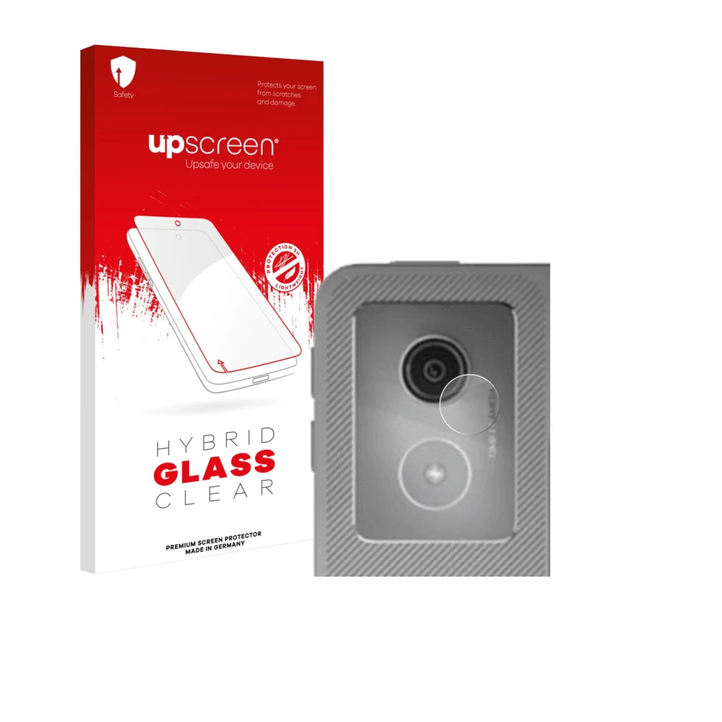 Parte frontal de un envase de producto con el logotipo de la marca upscreen. Al lado se muestra el dispositivo Lenovo Idea Tab