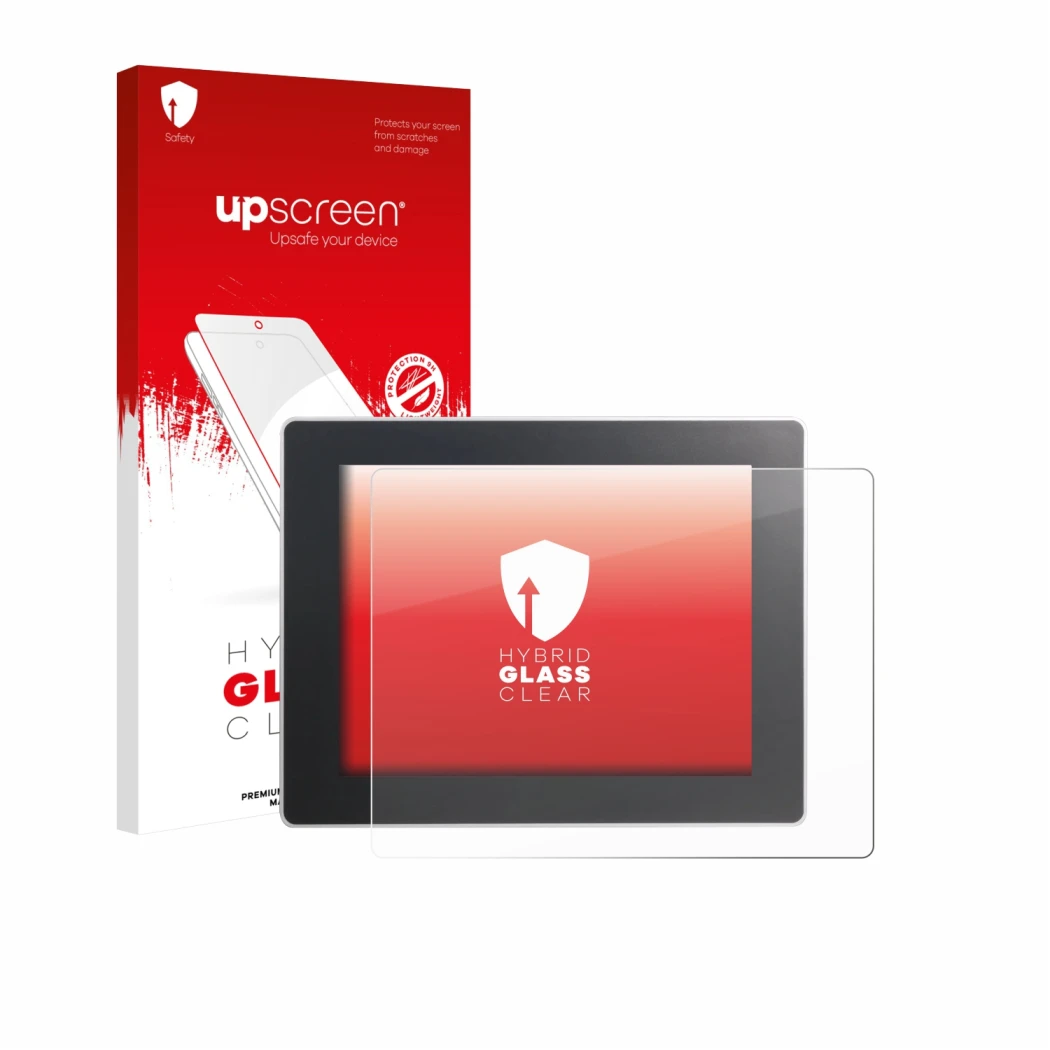 Parte frontal de un envase de producto con el logotipo de la marca upscreen. Al lado se muestra el dispositivo Weintek cMT3092