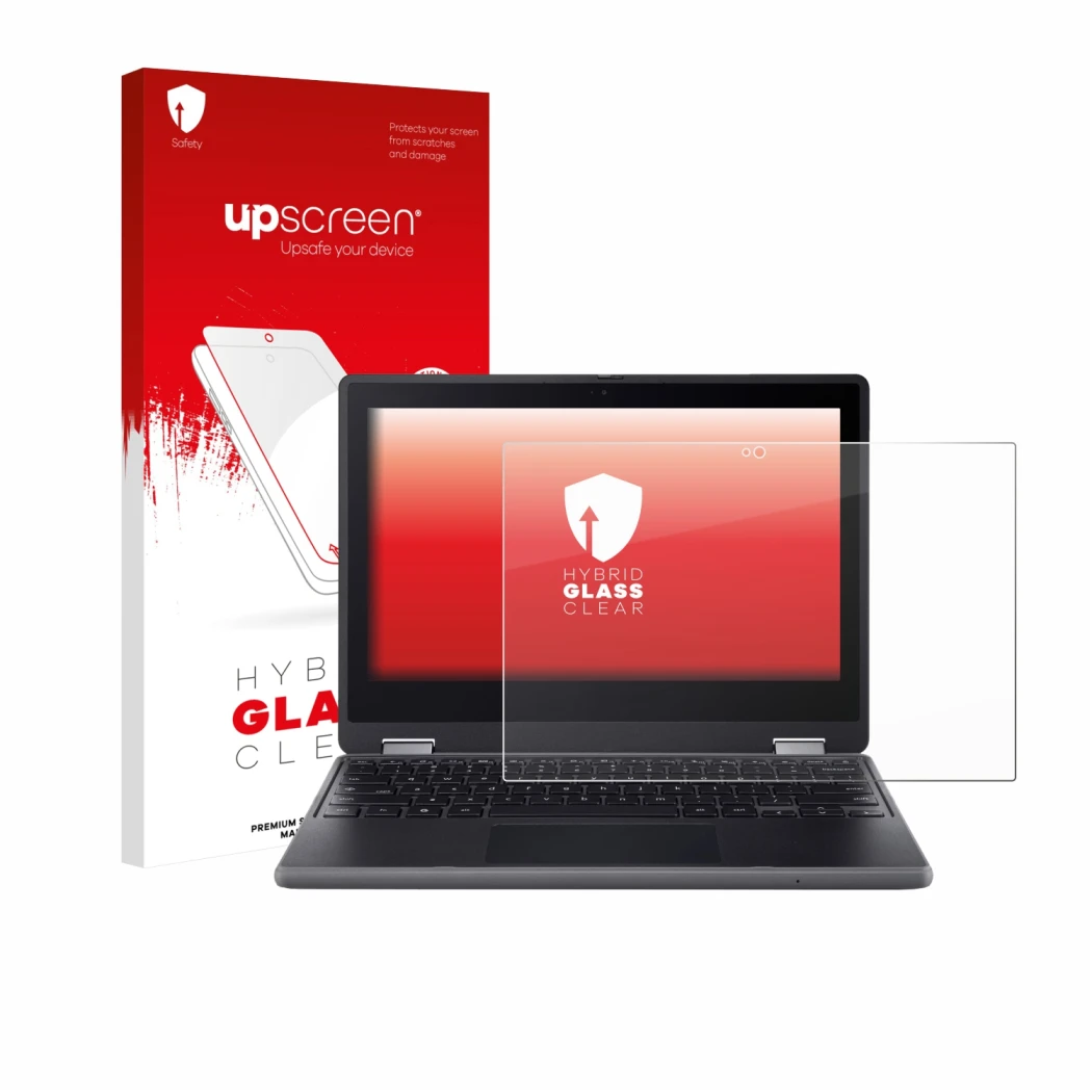 Parte frontal de un envase de producto con el logotipo de la marca upscreen. Al lado se muestra el dispositivo Acer Chromebook