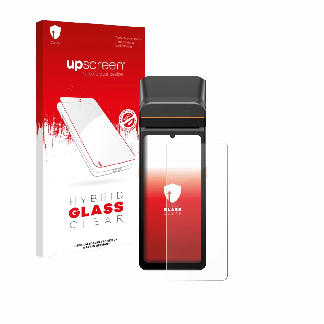 Parte frontal de un envase de producto con el logotipo de la marca upscreen. Al lado se muestra el dispositivo Sunmi V3 A13 co