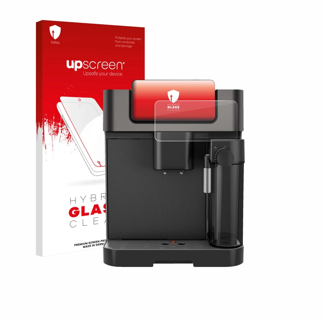 Parte frontal de un envase de producto con el logotipo de la marca upscreen. Al lado se muestra el dispositivo Grundig KVA 723