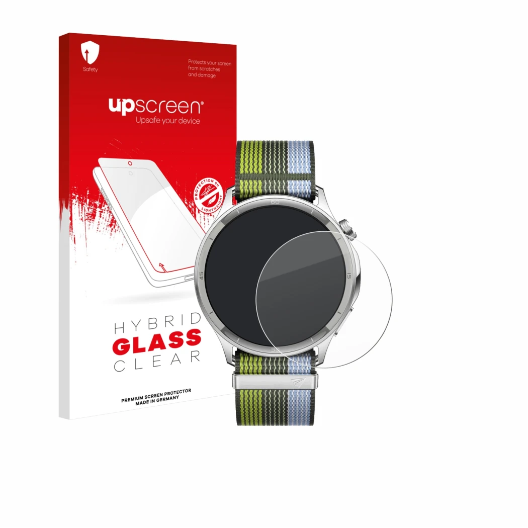 Parte frontal de un envase de producto con el logotipo de la marca upscreen. Al lado se muestra el dispositivo Oppo Watch S co