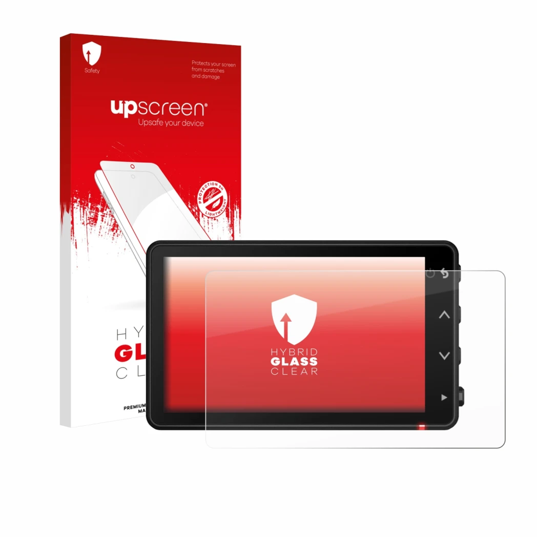 Parte frontal de un envase de producto con el logotipo de la marca upscreen. Al lado se muestra el dispositivo Garmin Catalyst