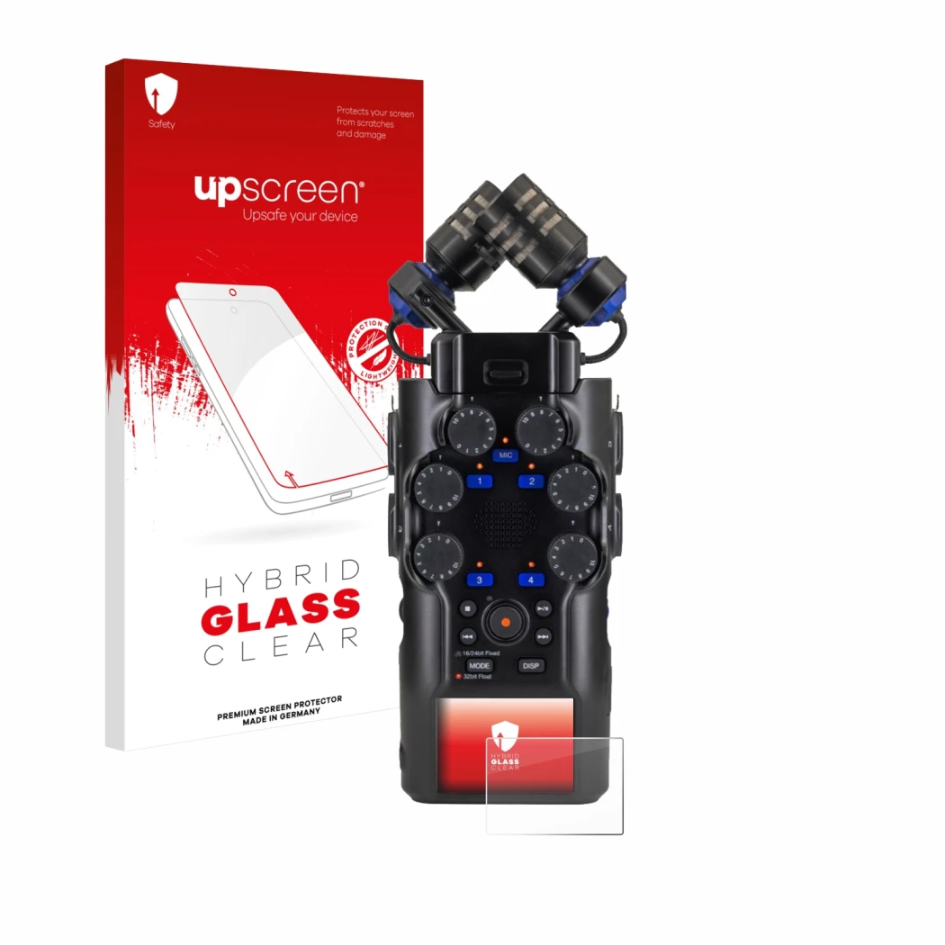 Parte frontal de un envase de producto con el logotipo de la marca upscreen. Al lado se muestra el dispositivo Zoom H6 studio 