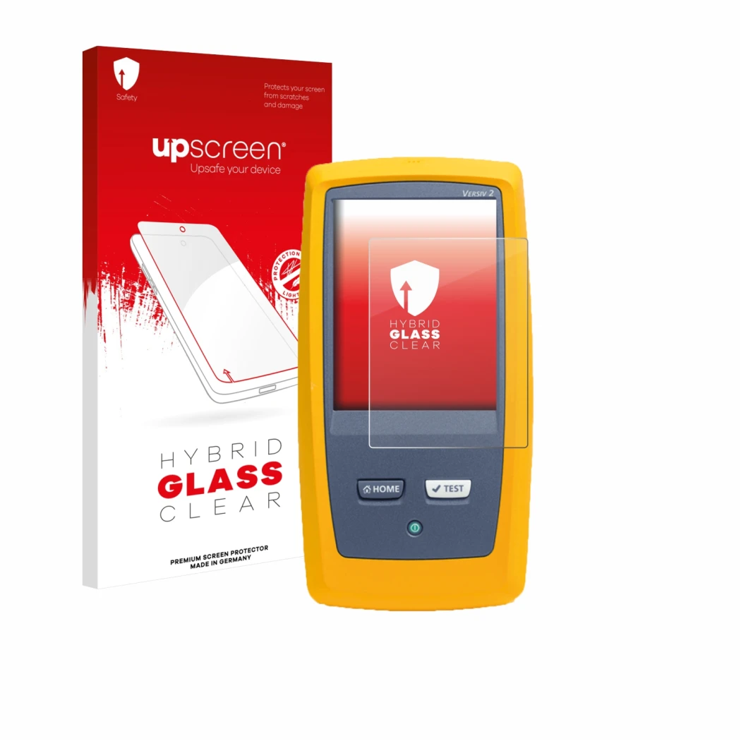 Parte frontal de un envase de producto con el logotipo de la marca upscreen. Al lado se muestra el dispositivo Fluke DSX8000 c