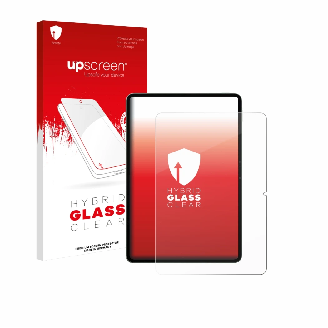 Parte frontal de un envase de producto con el logotipo de la marca upscreen. Al lado se muestra el dispositivo Xiaomi Pad 8 Pr
