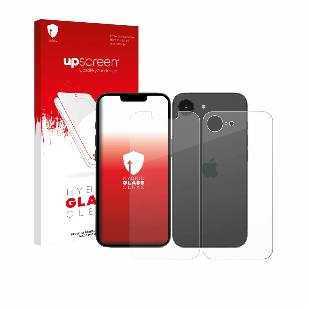 Parte frontal de un envase de producto con el logotipo de la marca upscreen. Al lado se muestra el dispositivo Apple iPhone 17