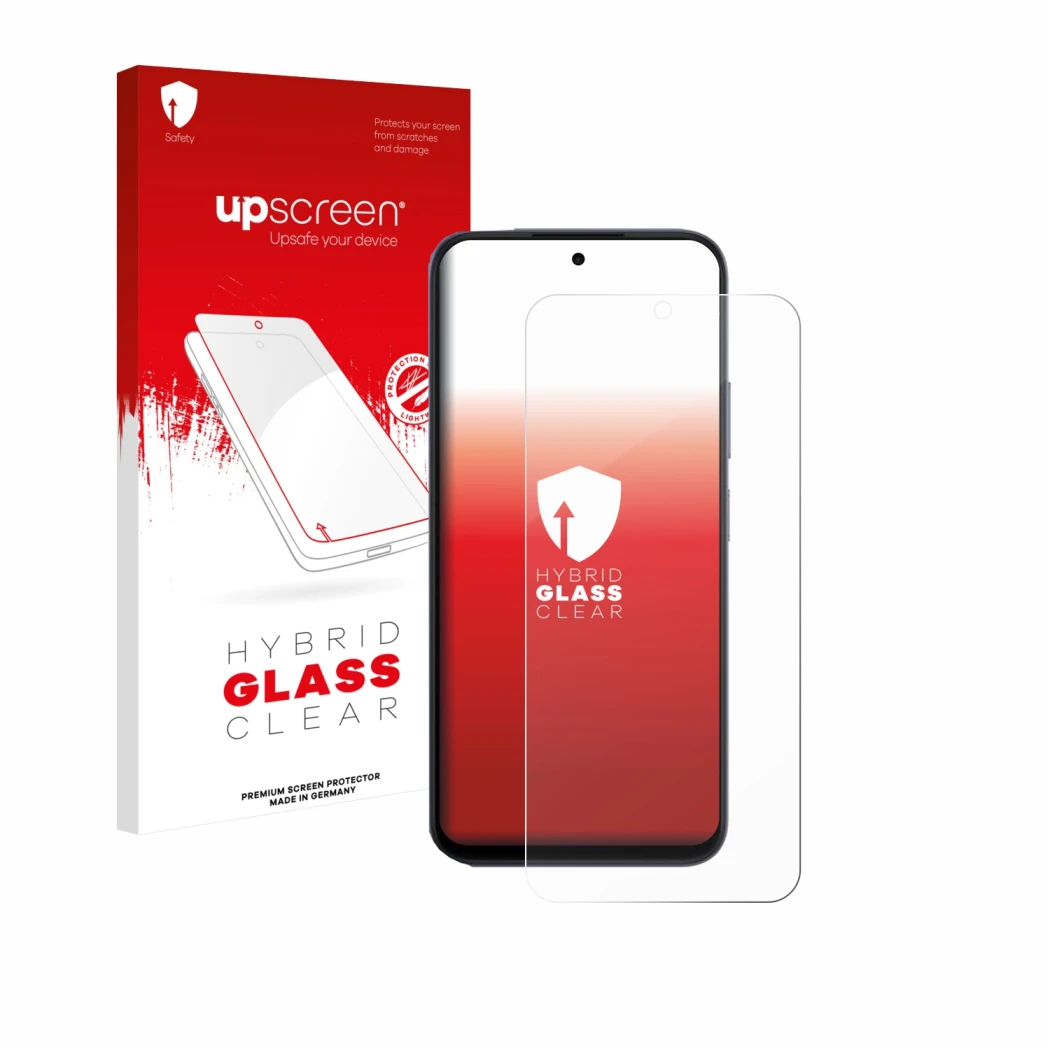 Parte frontal de un envase de producto con el logotipo de la marca upscreen. Al lado se muestra el dispositivo Oppo A6x 4G con