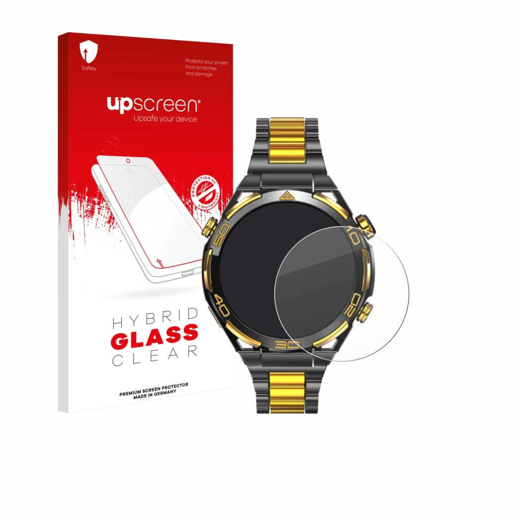 Parte frontal de un envase de producto con el logotipo de la marca upscreen. Al lado se muestra el dispositivo Blackview W90 P