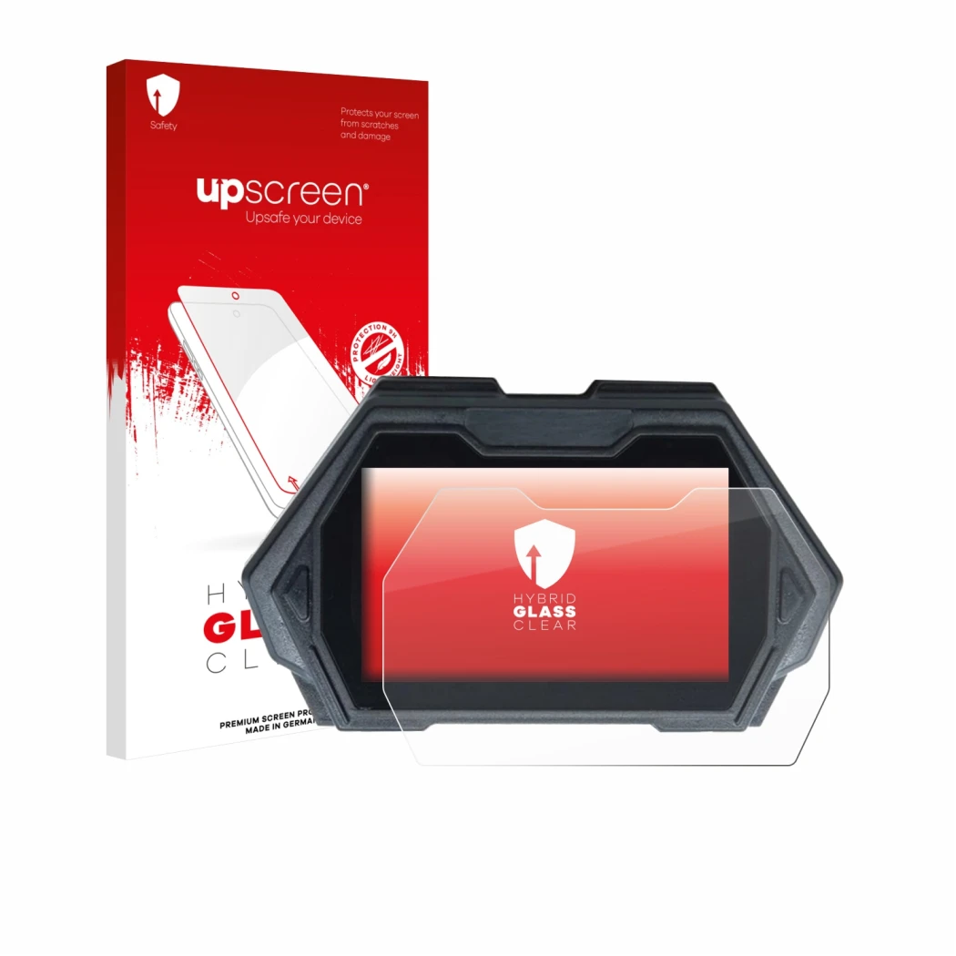 Parte frontal de un envase de producto con el logotipo de la marca upscreen. Al lado se muestra el dispositivo Kukirin G3 Pro 
