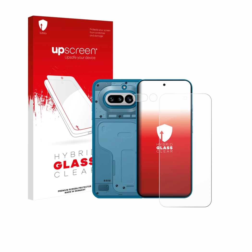 Parte frontal de un envase de producto con el logotipo de la marca upscreen. Al lado se muestra el dispositivo Nothing Phone (